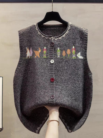Γυναικείο γιλέκο από μάλλινο πλεκτό ζακάρ, μοτίβο anime, στρογγυλός λαιμός, άνετη γραμμή, φθινόπωρο 2024