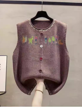 Γυναικείο γιλέκο από μάλλινο πλεκτό ζακάρ, μοτίβο anime, στρογγυλός λαιμός, άνετη γραμμή, φθινόπωρο 2024