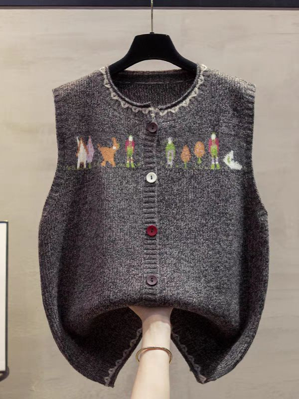 Γυναικείο γιλέκο από μάλλινο πλεκτό ζακάρ, μοτίβο anime, στρογγυλός λαιμός, άνετη γραμμή, φθινόπωρο 2024