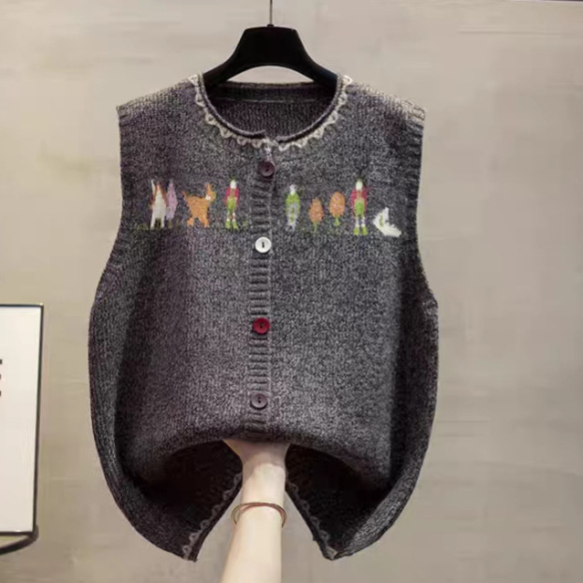 Γυναικείο γιλέκο από μάλλινο πλεκτό ζακάρ, μοτίβο anime, στρογγυλός λαιμός, άνετη γραμμή, φθινόπωρο 2024
