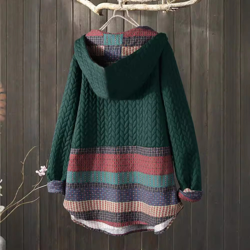 Βαμβακερό παλτό με καρό σχέδιο, κουκούλα, χαλαρή γραμμή, μακριά μανίκια, μεσαίο μήκος