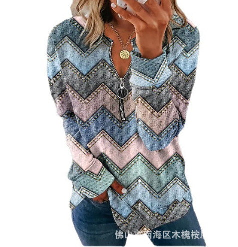 Top cu fermoar, mâneci lungi, imprimeu în dungi, guler Polo, croi lejer, poliester