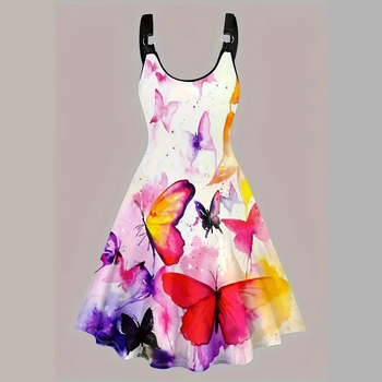 Φόρεμα με τιράντες, 3D εκτύπωση πεταλούδας, πολυεστέρας, στρογγυλό λαιμό, Α-γραμμή midi μήκος