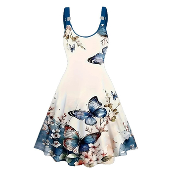 Φόρεμα με τιράντες, 3D εκτύπωση πεταλούδας, πολυεστέρας, στρογγυλό λαιμό, Α-γραμμή midi μήκος
