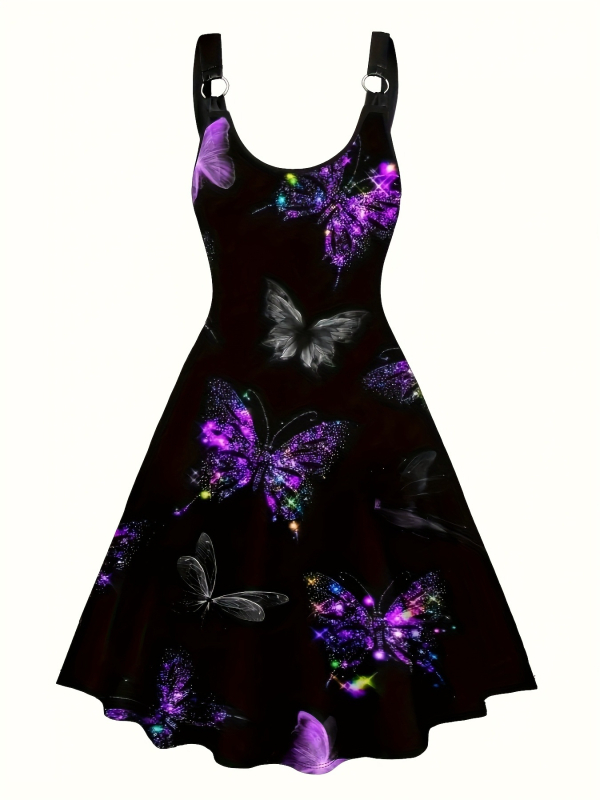 Rochie sling, imprimeu 3D cu fluturi, poliester, guler rotund, A-line midi lungime
