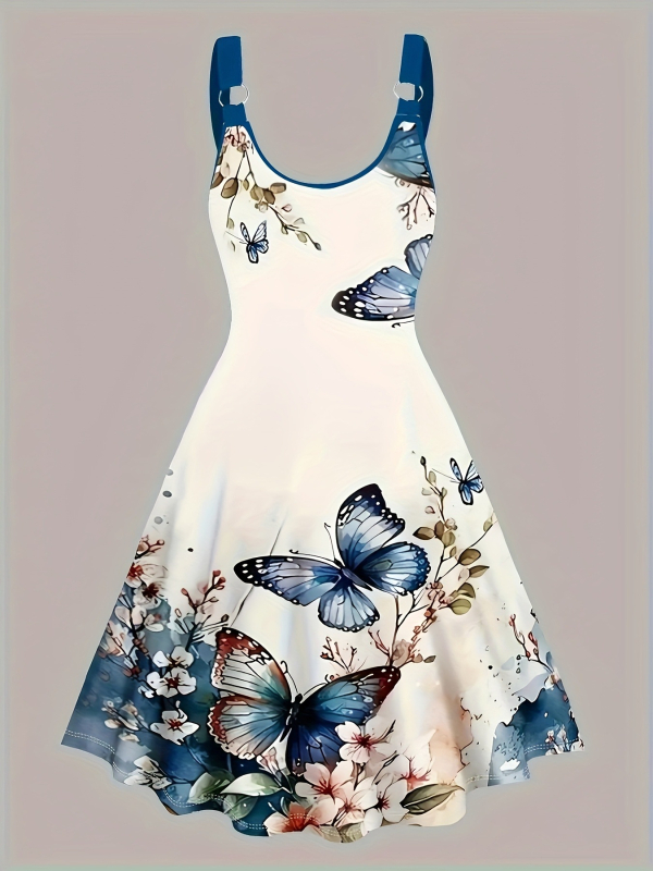 Rochie sling, imprimeu 3D cu fluturi, poliester, guler rotund, A-line midi lungime