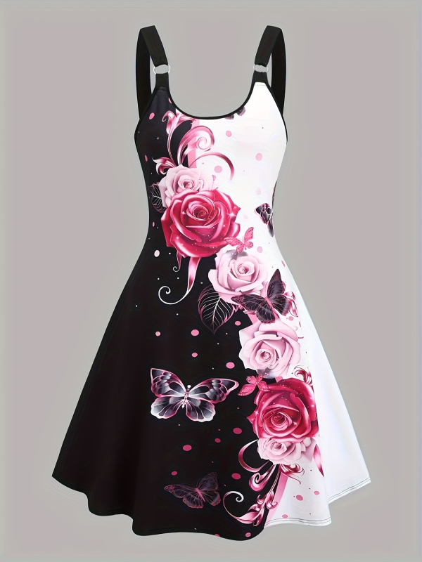 Rochie sling, imprimeu 3D cu fluturi, poliester, guler rotund, A-line midi lungime
