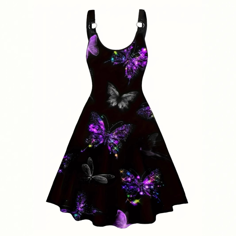 Rochie sling, imprimeu 3D cu fluturi, poliester, guler rotund, A-line midi lungime