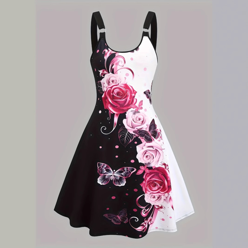 Rochie sling, imprimeu 3D cu fluturi, poliester, guler rotund, A-line midi lungime