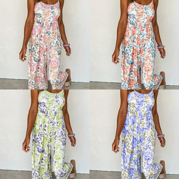 Salopetă damă cu bretele, imprimeu, pantaloni largi, talie înaltă, fără mâneci, poliester-spandex, primăvara 2025