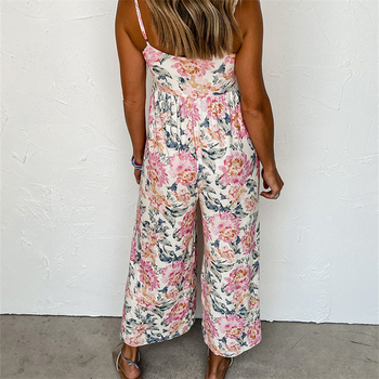 Γυναικεία ολόσωμη φόρμα με τιράντες, εκτυπωμένο σχέδιο, φαρδιά παντελόνια, ψηλή μέση, χωρίς μανίκια, πολυεστέρας-σπάντεξ, Άνοιξη 2025