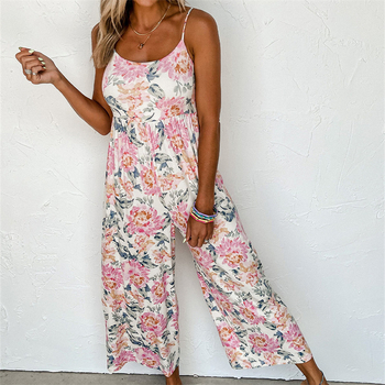 Γυναικεία ολόσωμη φόρμα με τιράντες, εκτυπωμένο σχέδιο, φαρδιά παντελόνια, ψηλή μέση, χωρίς μανίκια, πολυεστέρας-σπάντεξ, Άνοιξη 2025