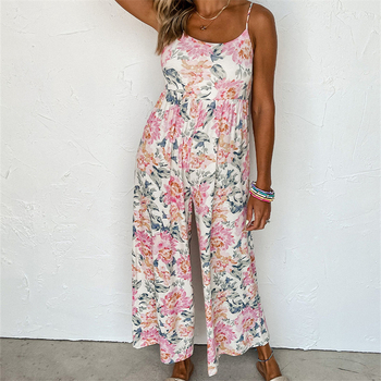 Γυναικεία ολόσωμη φόρμα με τιράντες, εκτυπωμένο σχέδιο, φαρδιά παντελόνια, ψηλή μέση, χωρίς μανίκια, πολυεστέρας-σπάντεξ, Άνοιξη 2025