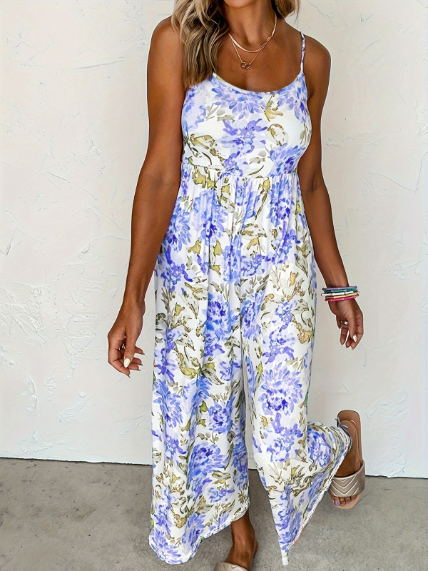 Salopetă damă cu bretele, imprimeu, pantaloni largi, talie înaltă, fără mâneci, poliester-spandex, primăvara 2025