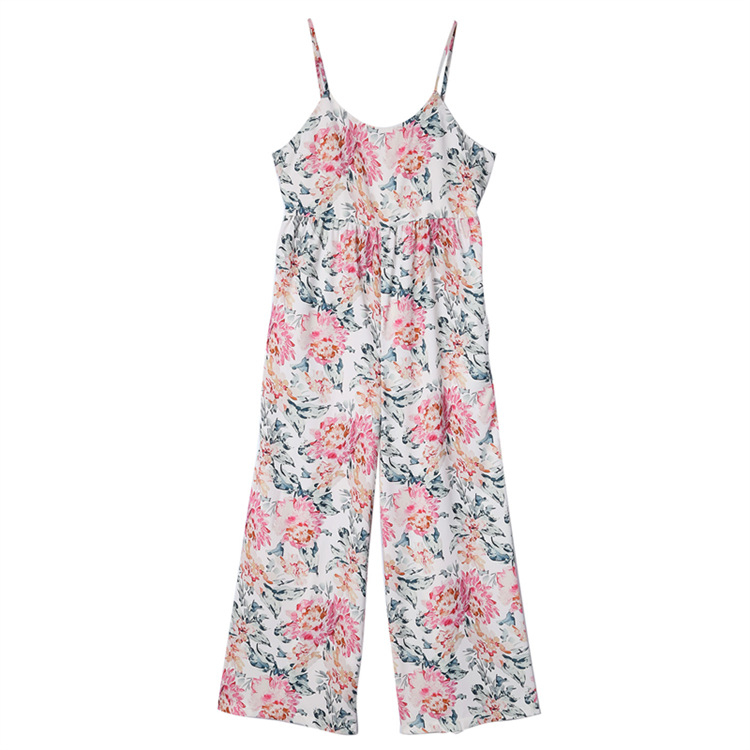 Salopetă damă cu bretele, imprimeu, pantaloni largi, talie înaltă, fără mâneci, poliester-spandex, primăvara 2025