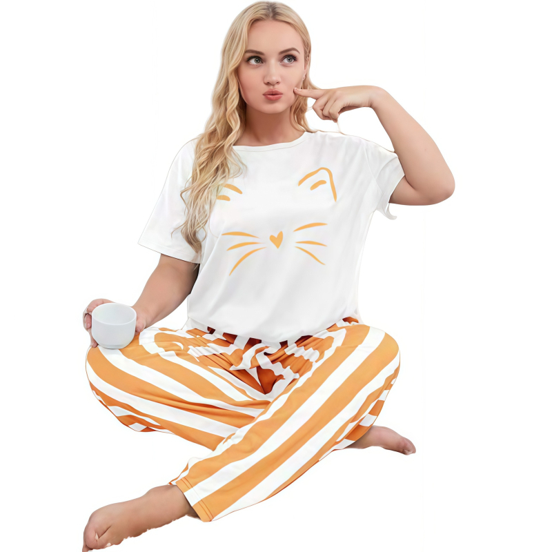 Sieviešu pižāmas komplekts Milk Silk, riņķveida kakls, 3/4 piedurknes, svītrainas bikses, poliesters 90–95%, vidējā svars 161–180 g/m²