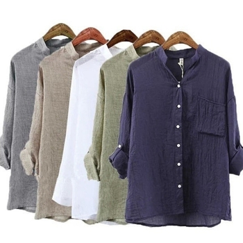 Женска риза от полиестер, едноцветна, кръгло деколте, дълъг ръкав, свободна кройка