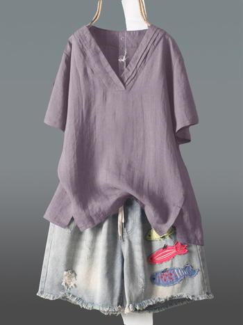 Блуза от памук и лен, свободна кройка, къс ръкав, кръгло деколте, памучна основа