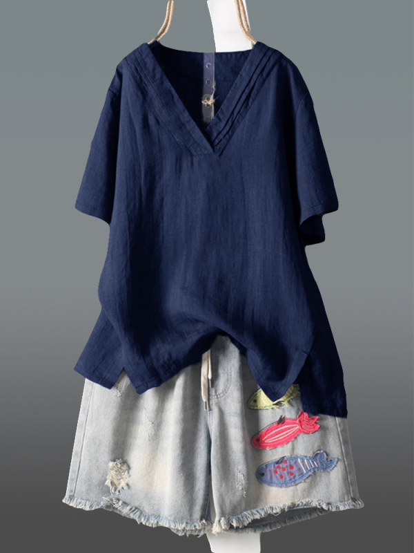 Bluza din bumbac și in, croială lejeră, mânecă scurtă, guler rotund