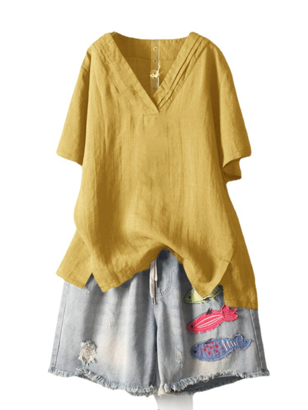 Bluza din bumbac și in, croială lejeră, mânecă scurtă, guler rotund