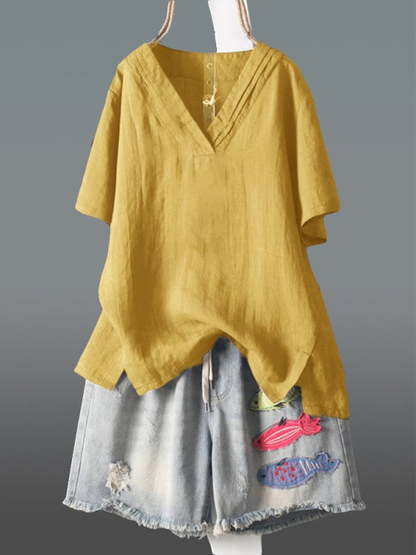 Bluza din bumbac și in, croială lejeră, mânecă scurtă, guler rotund