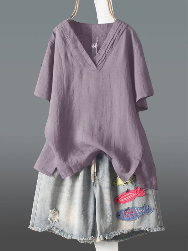 Bluza din bumbac și in, croială lejeră, mânecă scurtă, guler rotund