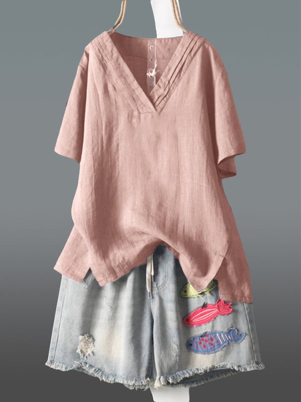 Bluza din bumbac și in, croială lejeră, mânecă scurtă, guler rotund