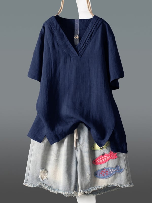 Bluza din bumbac și in, croială lejeră, mânecă scurtă, guler rotund