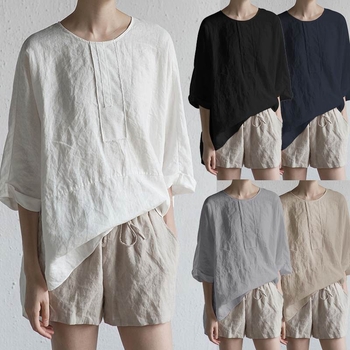 Μπλουζάκι σε ιαπωνικό στυλ από βαμβάκι και λινό, στρογγυλός λαιμός, μανίκια μέτριου μήκους, χαλαρή γραμμή