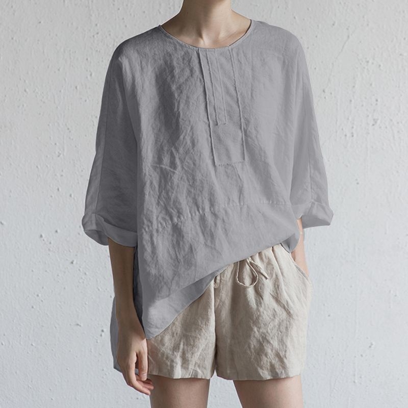 Тениска в японски стил от памук и лен, кръгла яка, половин ръкав, свободна кройка