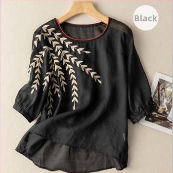 Μπλουζάκι από βαμβάκι και λινό, κοντά μανίκια, στρογγυλό λαιμόκοψη, περιεκτικότητα σε βαμβάκι 50–70%, Καλοκαίρι 2023, λογοτεχνικό ρετρό στυλ.