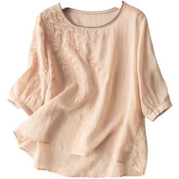 Μπλουζάκι από βαμβάκι και λινό, κοντά μανίκια, στρογγυλό λαιμόκοψη, περιεκτικότητα σε βαμβάκι 50–70%, Καλοκαίρι 2023, λογοτεχνικό ρετρό στυλ.