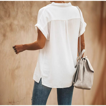 Дамска риза от полиестер, едноцветна, стояща яка, прав силует, съдържа над 95% полиестер