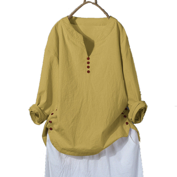 Риза, смес памук и лен, V-образно деколте, дълги ръкави, свободна кройка