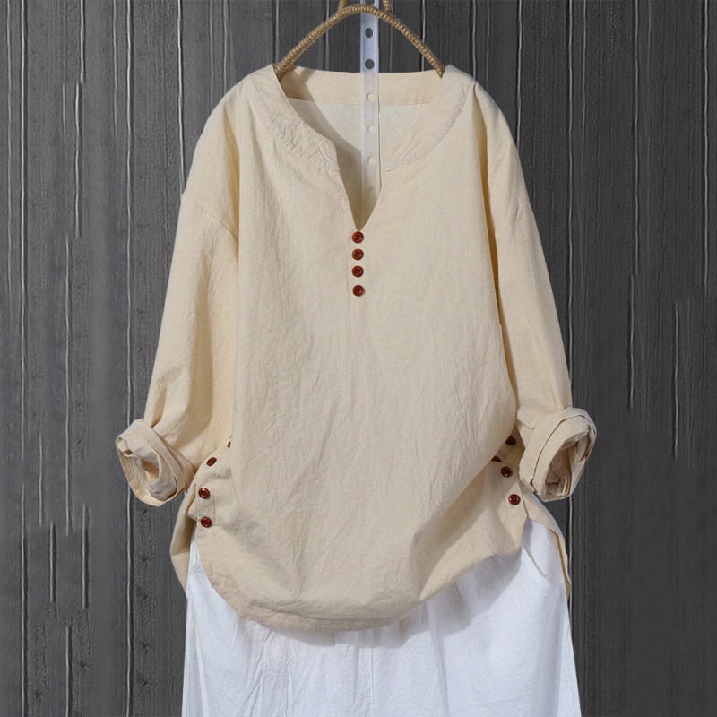 Cămașă din amestec de bumbac și in, decolteu în V, mâneci lungi, croială lejeră