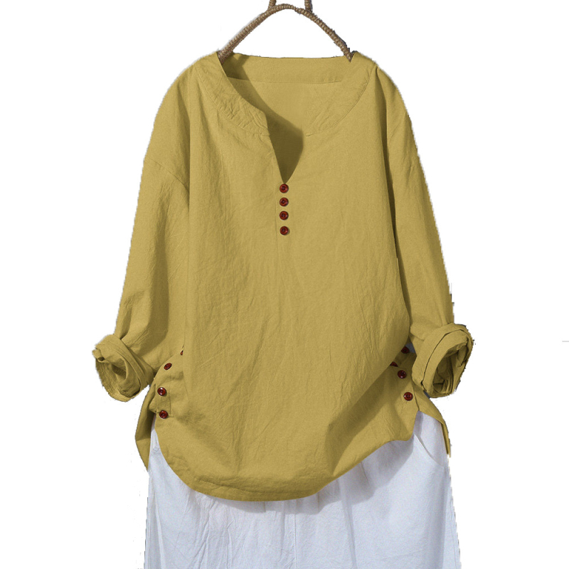 Cămașă din amestec de bumbac și in, decolteu în V, mâneci lungi, croială lejeră