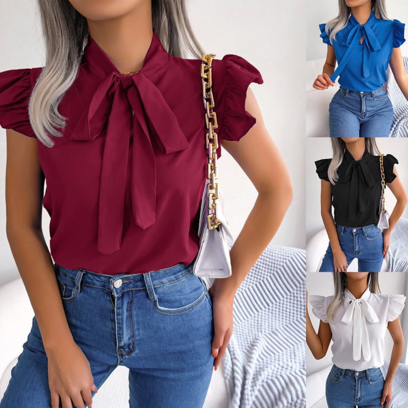 Cămașă de vară pentru femei, cu guler înalt și mâneci scurte, material poliester-spandex uni, cusături cu detalii de colaj