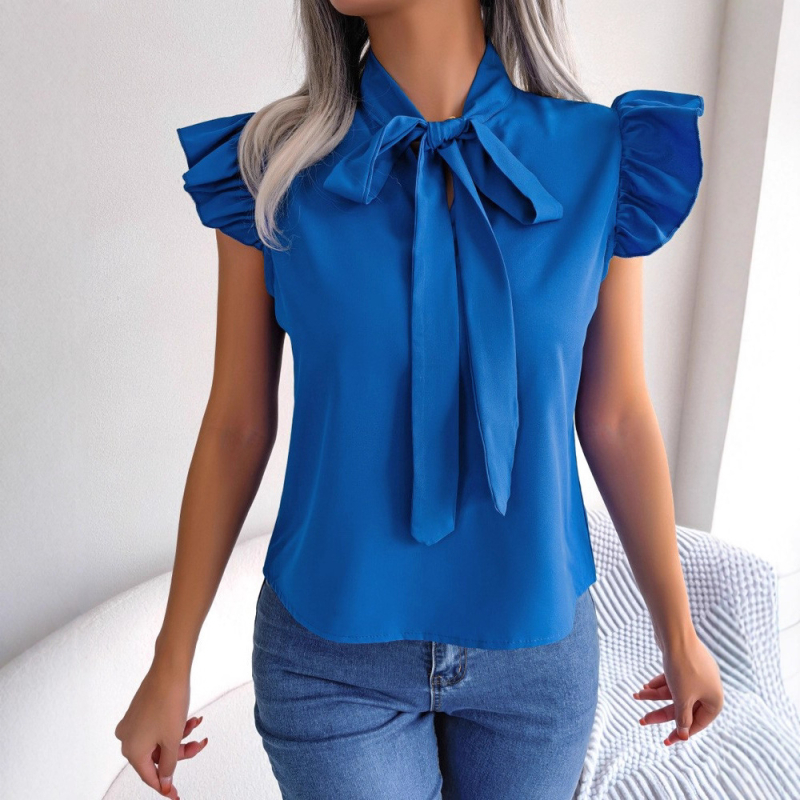 Cămașă de vară pentru femei, cu guler înalt și mâneci scurte, material poliester-spandex uni, cusături cu detalii de colaj