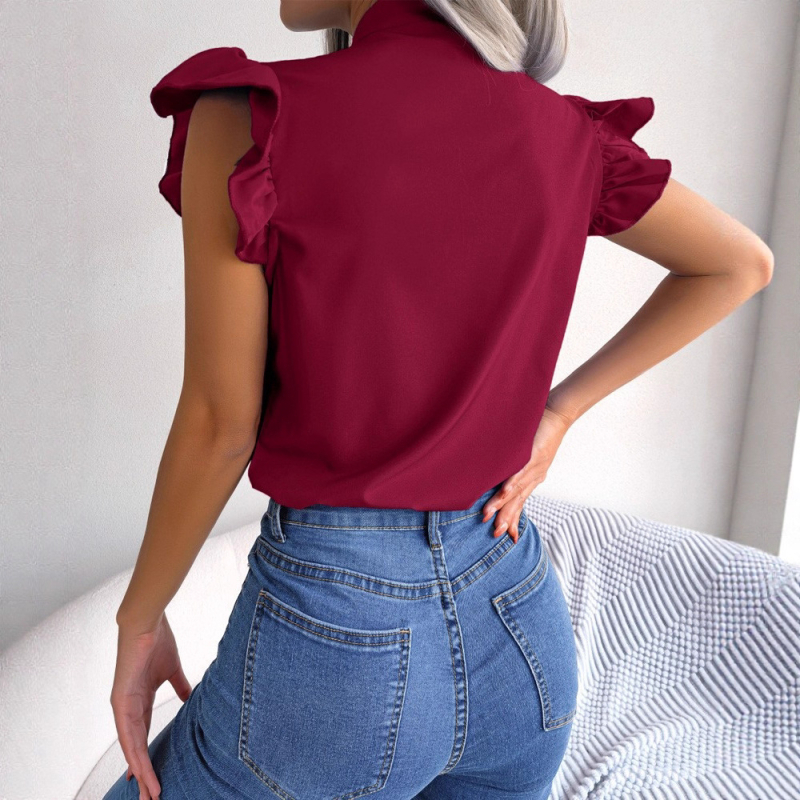 Cămașă de vară pentru femei, cu guler înalt și mâneci scurte, material poliester-spandex uni, cusături cu detalii de colaj