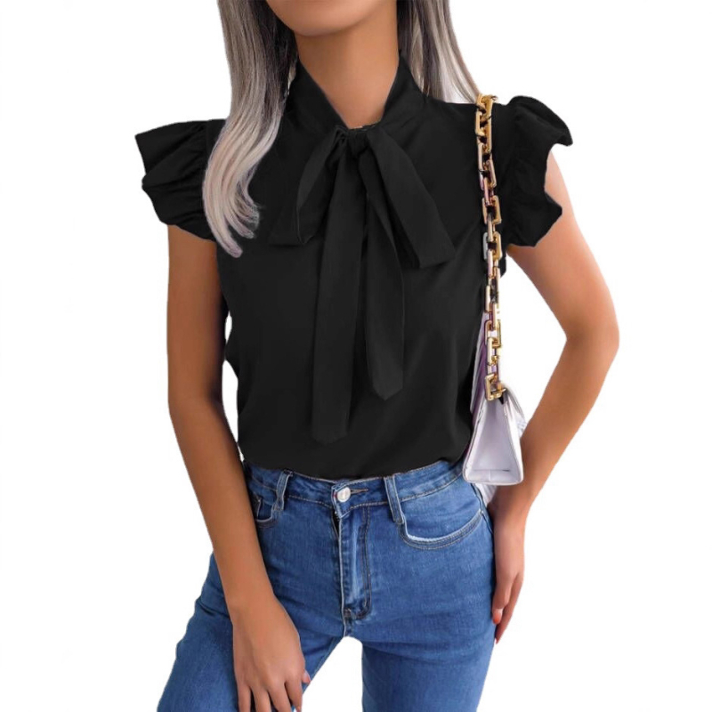 Cămașă de vară pentru femei, cu guler înalt și mâneci scurte, material poliester-spandex uni, cusături cu detalii de colaj