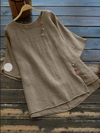 Τ‑μπλουζάκι από βαμβακι-λινό, στρογγυλό λαιμό, κοντά μανίκια, χαλαρή γραμμή, μονόχρωμο, βασικό ύφασμα 71–80% βαμβάκι