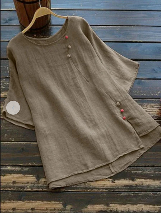 Tricou din bumbac-lin, guler rotund, mâneci scurte, croială liberă, culoare solidă, țesătură principală 71–80% bumbac