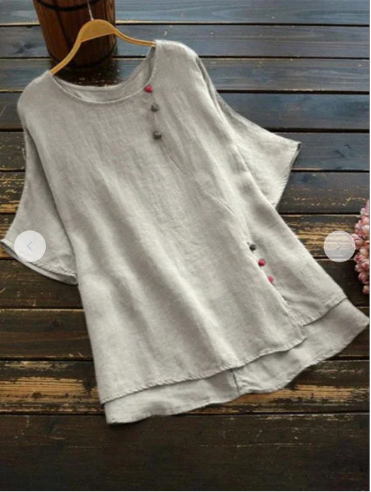 Tricou din bumbac-lin, guler rotund, mâneci scurte, croială liberă, culoare solidă, țesătură principală 71–80% bumbac