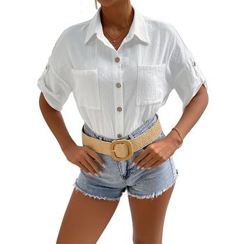 Кардиган риза, Wrinkled Ice Silk плат, полиестер с еластан, къс ръкав, едноцветен дизайн