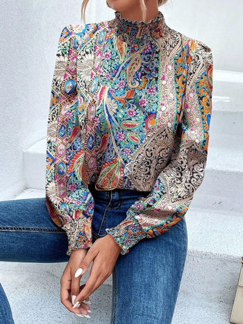 Риза с принт, дълъг ръкав, яка полутърник, фонарени ръкави, полиестер