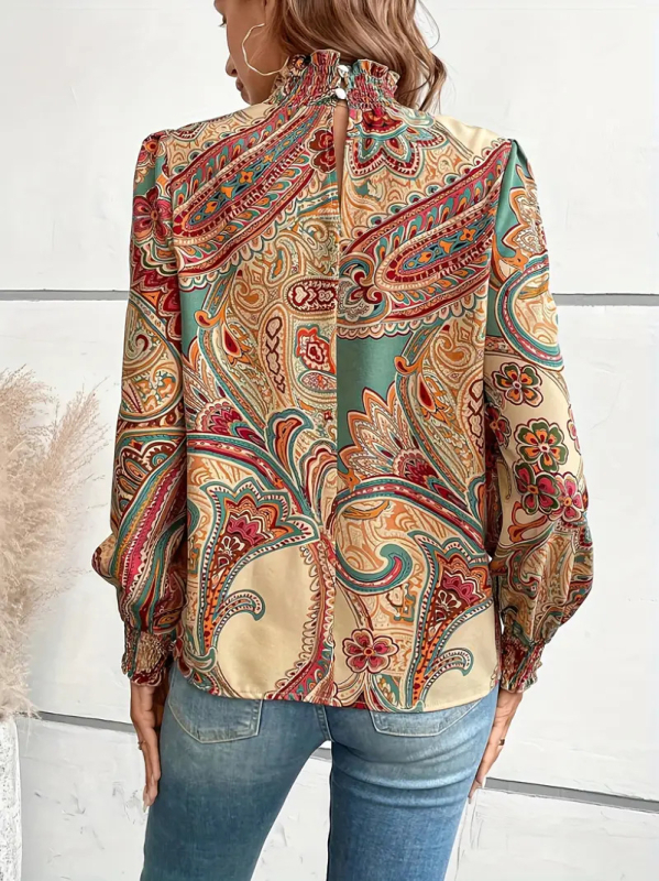 Риза с принт, дълъг ръкав, яка полутърник, фонарени ръкави, полиестер