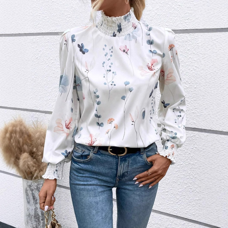 Риза с принт, дълъг ръкав, яка полутърник, фонарени ръкави, полиестер