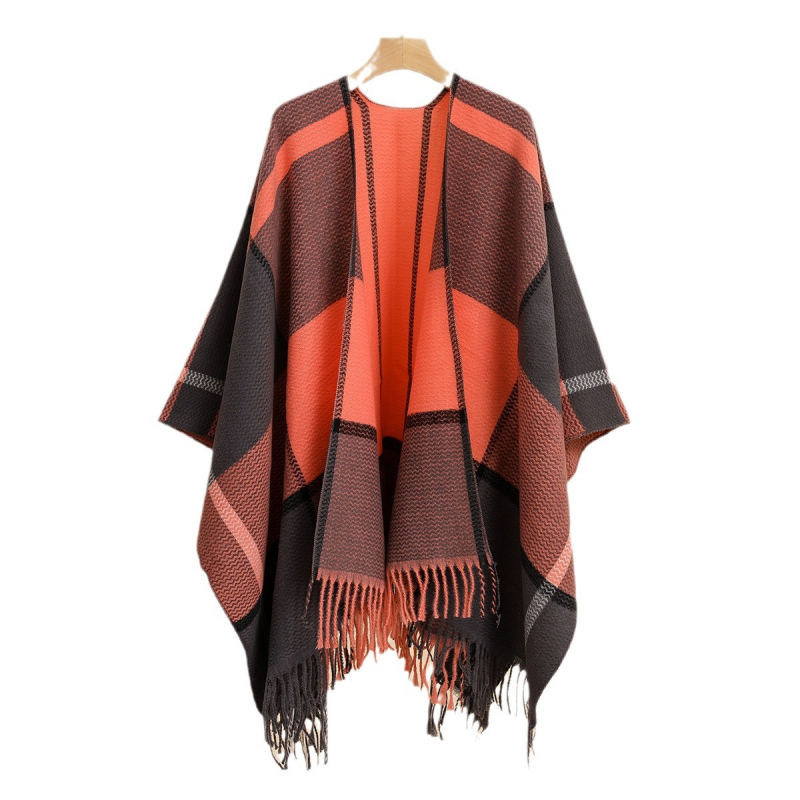 Šal-pelerina s kariranim uzorkom, dvostrana, akril/umjetna vuna, warp tkanje