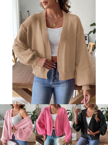 Женски плетен кардиган от плюшена полиестерна тъкан, 95% полиестер, V‑образно деколте, дълги ръкави с фенерче стил