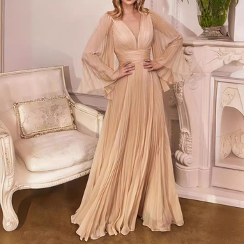 Večernja haljina s V-dekolteom, zvonastim rukavima i nepravilnom midi suknjom; poliester, akril 90-95%